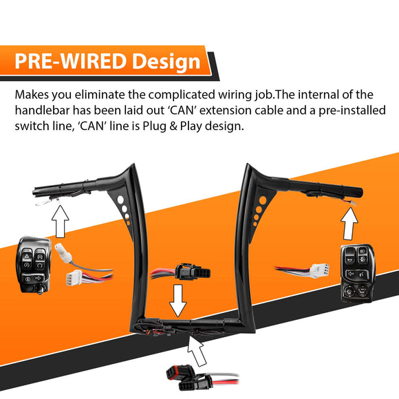 Gloss Black 14" Rise Pre - Wired Plug & Play APE Hanger Bar - Sharp Handlebar for 2011 - 2024 Harley Softails & 2015 - Later Harley Touring Road King - Mofun - 90101644