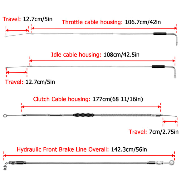 Extended Length Non - ABS Hydraulic Front Brake Line, Clutch Cable, Throttle and Idle Cable Kit for 1993 - 2005 Harley Dyna Wide Glide On 16" - 18" Handlebar - Mofun - 90109227