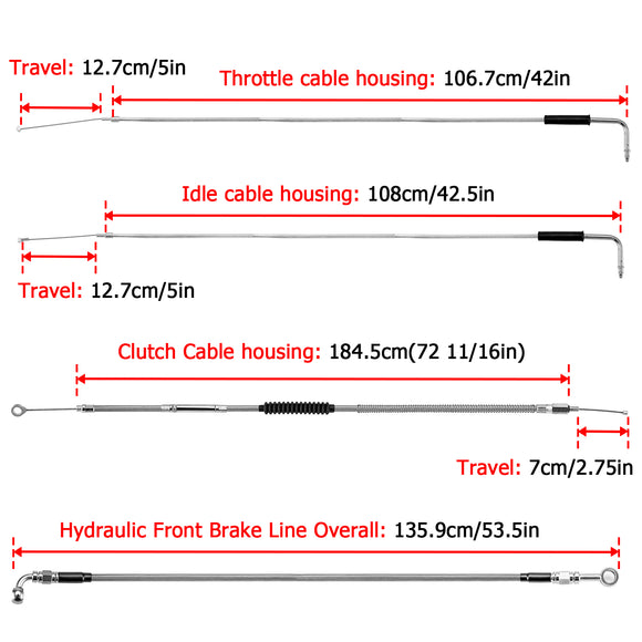 Extended Length Non - ABS Hydraulic Front Brake Line, Clutch Cable, Throttle and Idle Cable Kit for 2007 - 2008 Harley Dyna (EFI) Low Rider/Street Bob/Super Glide On 14" - 16" Handlebar - Mofun - 90109231