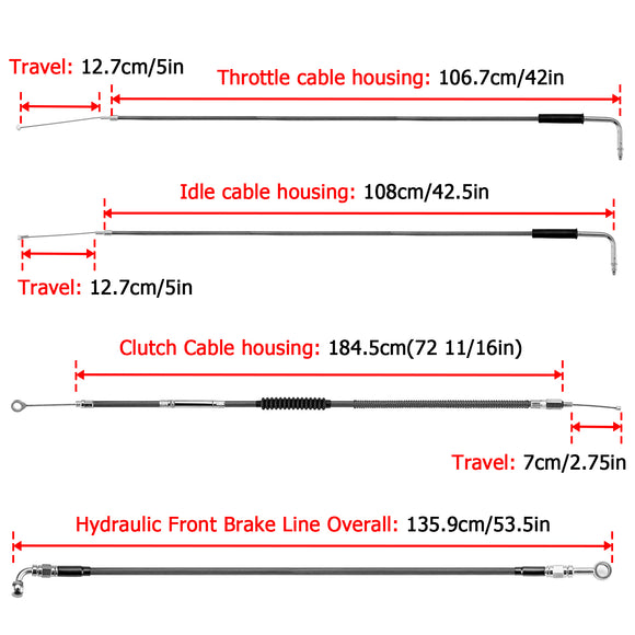 Black Non - ABS Hydraulic Front Brake Line, Clutch cable, Throttle and Idle Cable Kit for Harley Dyna Low Rider/Street Bob/Super Glide on 14" - 16" Handlebar (Non - ABS) - Mofun - 90109232