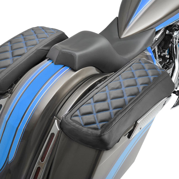 1993 - 2013 Harley Touring Blue Square Microfiber Leather Saddlebag Lid Covers - Mofun - 90209014