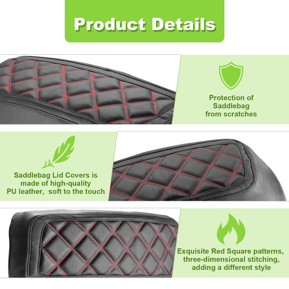 1993 - 2013 Harley Touring Red Square Microfiber Leather Saddlebag Lid Covers - Mofun - 90209012
