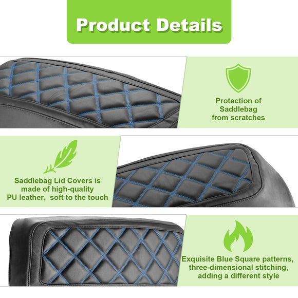 2014 - 2024 Harley Touring Road King/Glide Blue Square Microfiber Leather Saddlebag Lid Covers - Mofun - 90209015