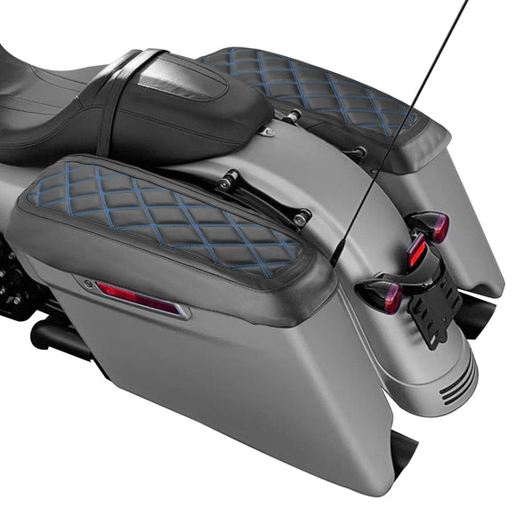 2014 - 2024 Harley Touring Road King/Glide Blue Square Microfiber Leather Saddlebag Lid Covers - Mofun - 90209015