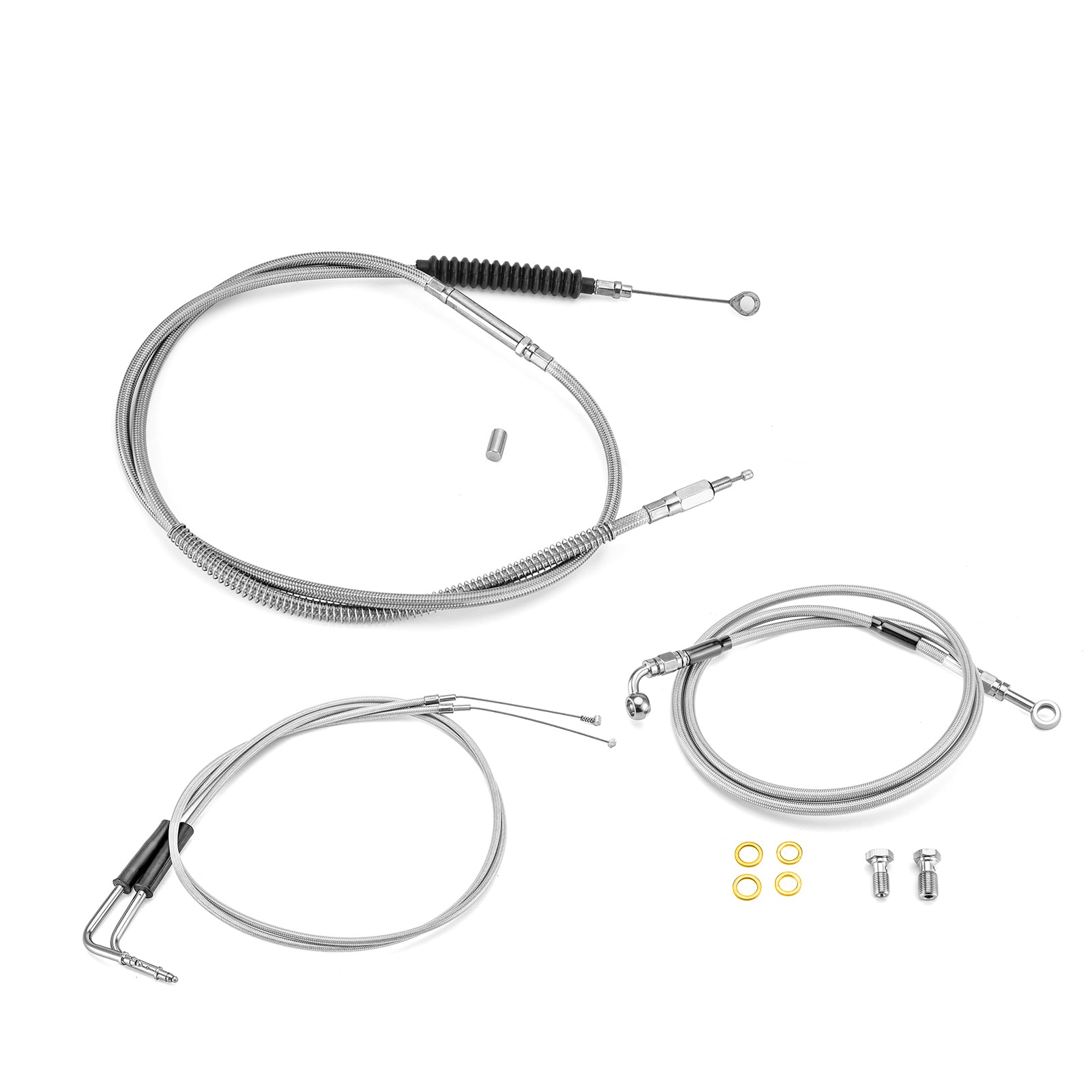 Chrome Non-ABS Hydraulic Front Brake Line, Clutch cable, Throttle and Idle Cable Kit for Harley Dyna Low Rider/Street Bob/Super Glide on 12"-14" Handlebar (Non-ABS)