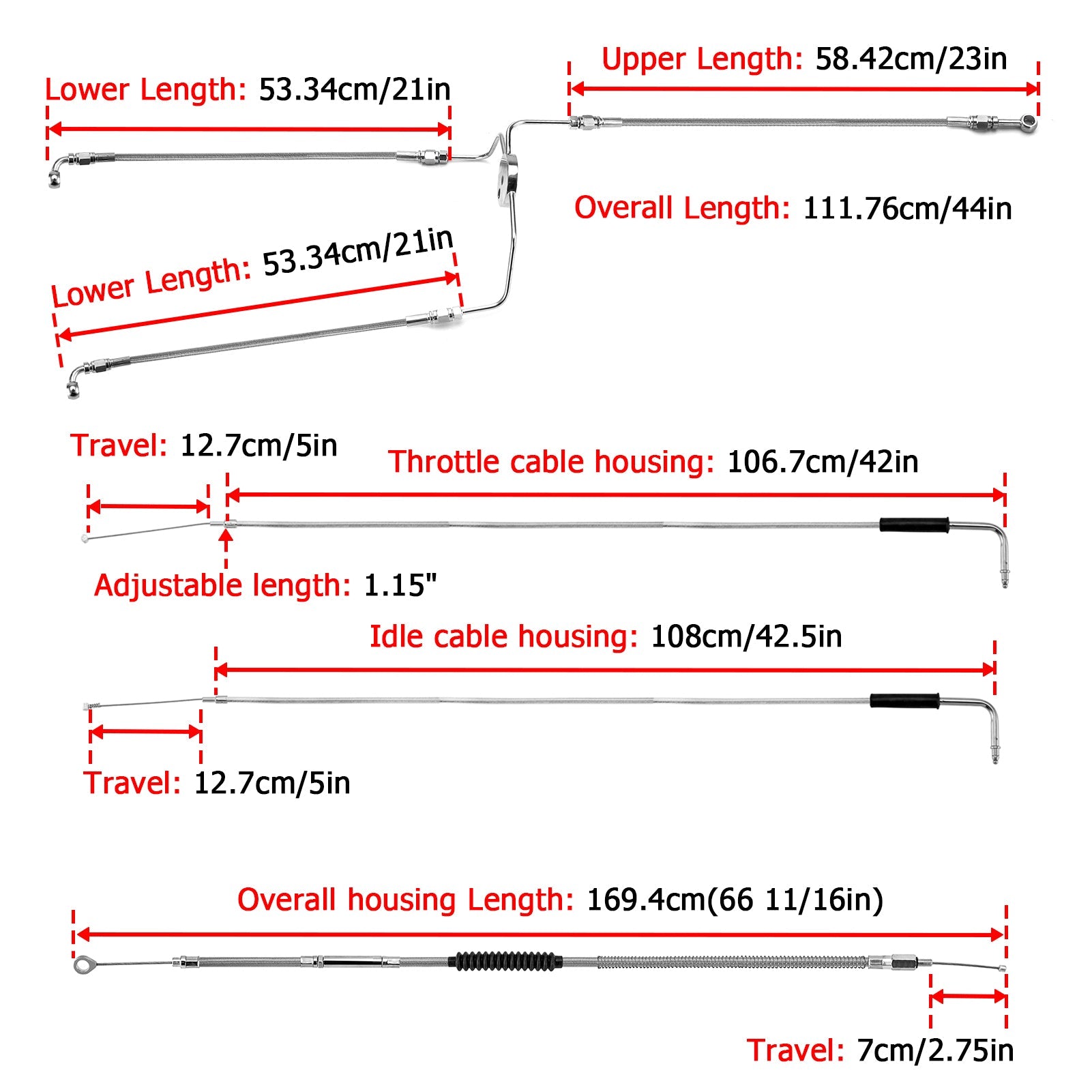 1996 - 2006 Harley Touring Extended Length Non - ABS Hydraulic Front Brake Line, Throttle and Idle Cable and Clutch Cable Kit (for 12