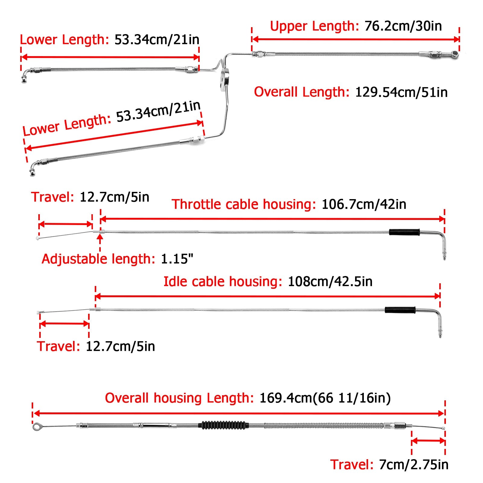 1996 - 2006 Harley Touring Road Glide/Road King Extended Length Non - ABS Hydraulic Front Brake Line, Throttle and Idle Cable and Clutch Cable Kit (for 12
