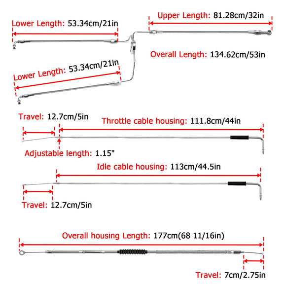 1996 - 2006 Harley Touring Road Glide/Road King Extended Length Non - ABS Hydraulic Front Brake Line, Throttle and Idle Cable and Clutch Cable Kit (for 16" - 18" Handlebar Non - ABS) - Mofun - 90109216