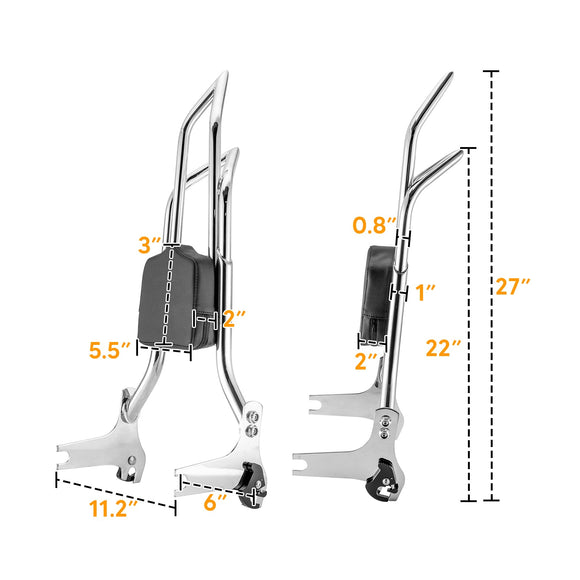 1997 - 2008 Harley Touring Chrome 27" Dual Sharp - Angle Passenger Backrest Sissy Bar - Mofun - 90302113