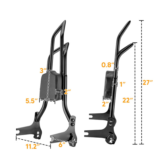 1997 - 2008 Harley Touring Gloss Black Quick Detachable 27" Dual Sharp - Angle Passenger Backrest Sissy Bar - Mofun - 90302114