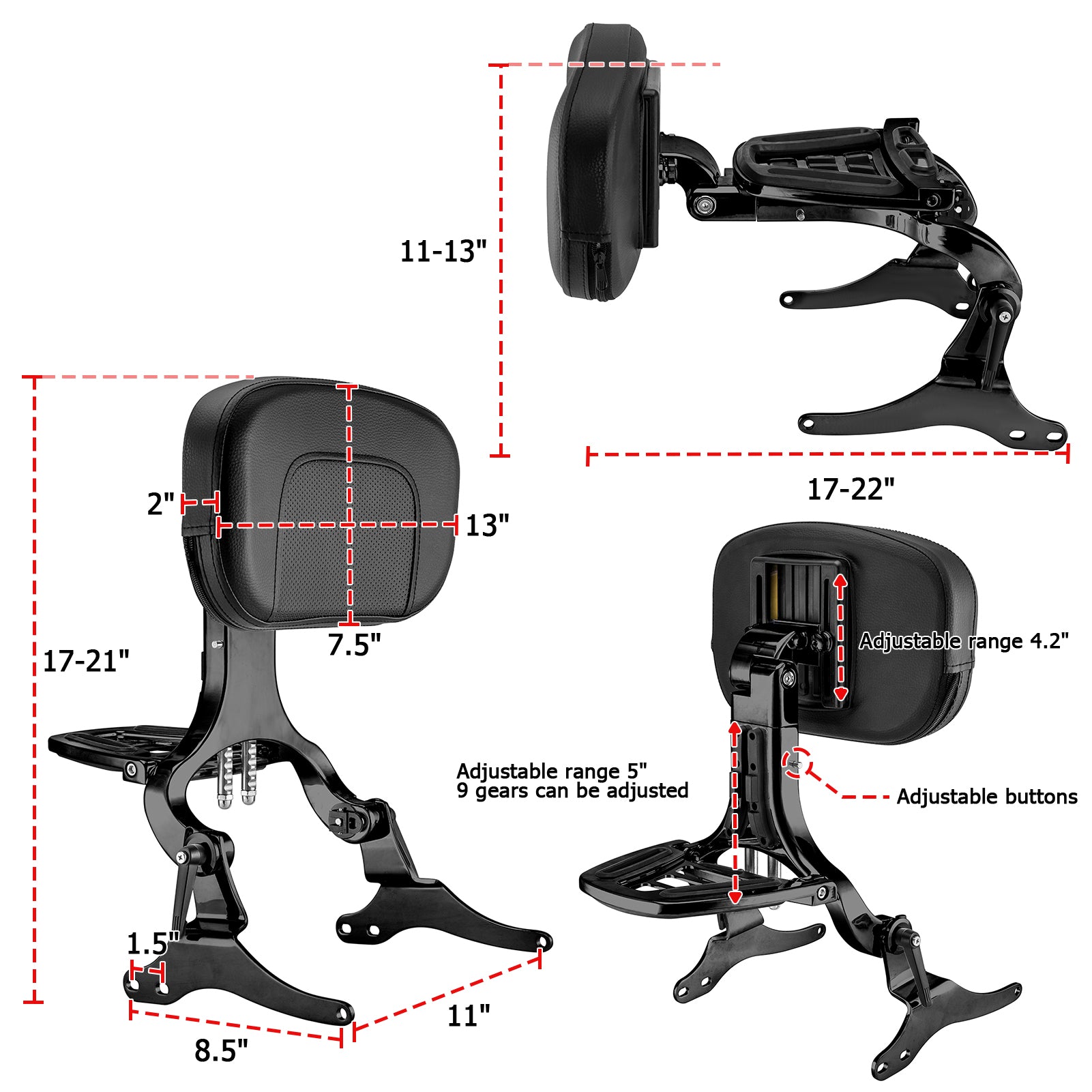 1998 - 2008 Harley Touring Road King Street Glide Gloss Black Multi - Purpose Adjustable Backrest - Mofun - 90302158