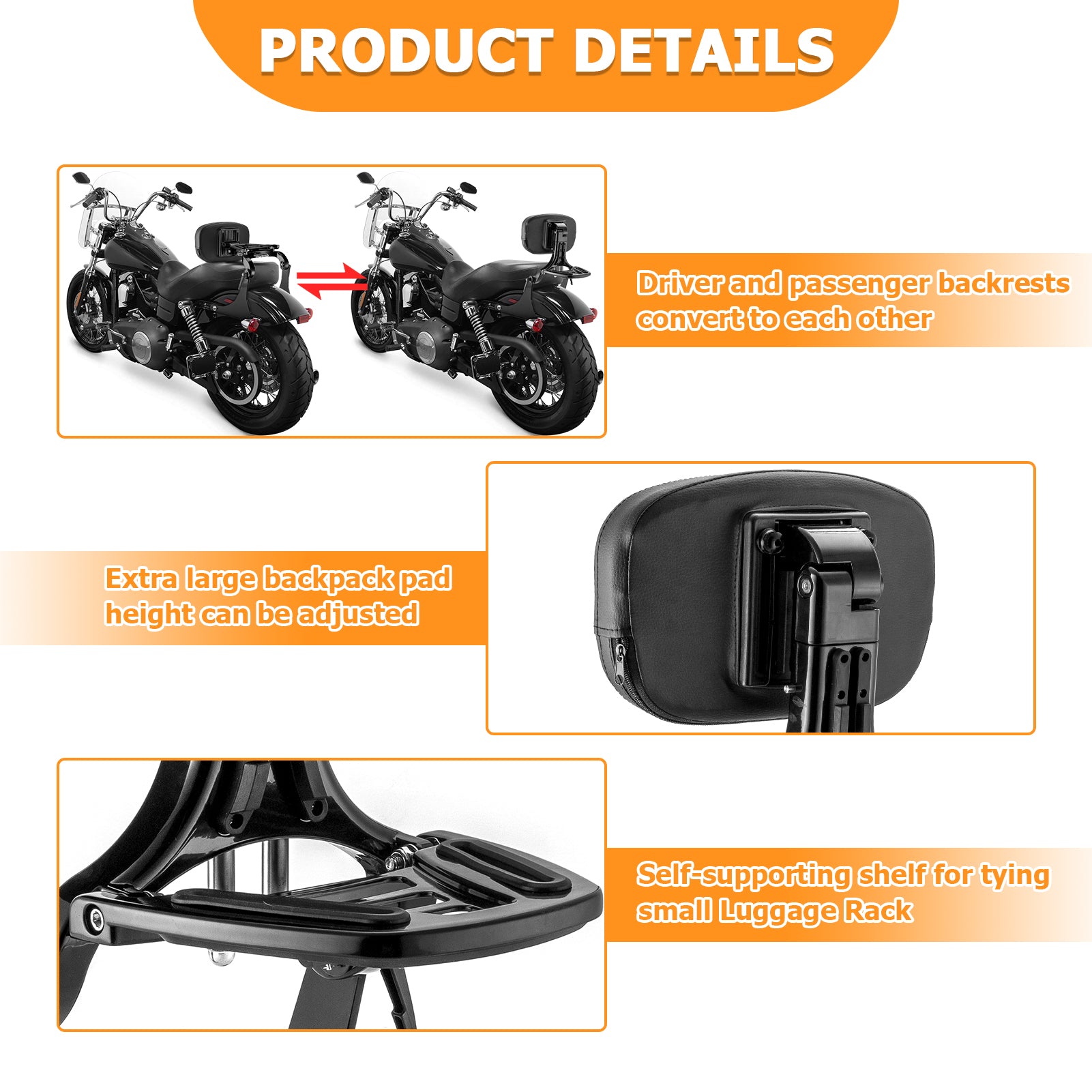 2016-2017 Dyna Low Rider FXDLS Street Bob FXDB Gloss Black Multi-Purpose Adjustable Backrest