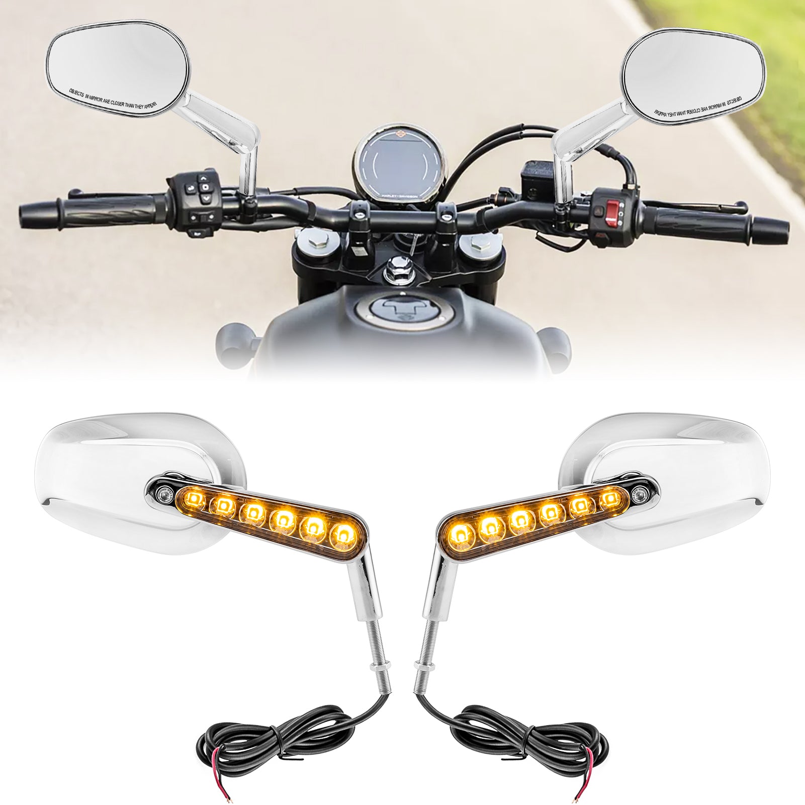 Harley Muscle Rear View Mirrors w/ LED Turn Signal | Chrome CNC Aluminium-1