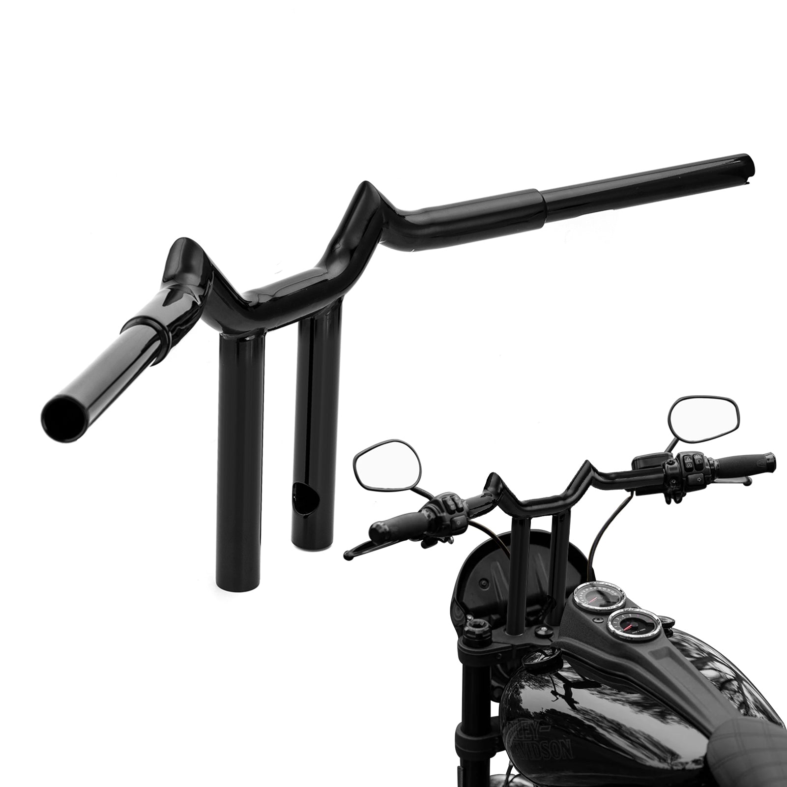 Gloss Black Steel 10"/12" Rise Sharp T-Bars Handlebar 1996-2024 Harley-Davidson Dyna, Softail and Sportster