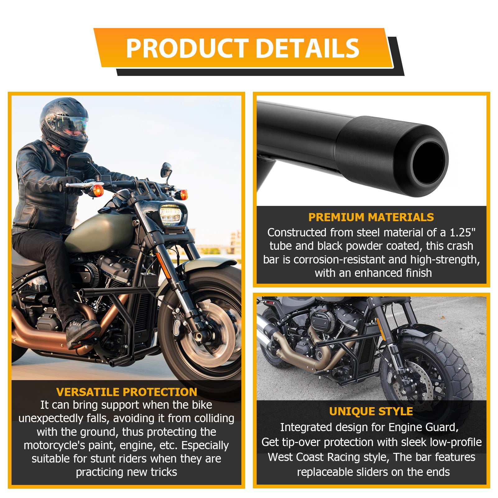 Gloss Black Front Engine Guard Highway Peg 2 Step Crash Bar for 2018 - 2024 Harley Davidson Softail Fat Boy/Street Bob - Mofun - 90201089