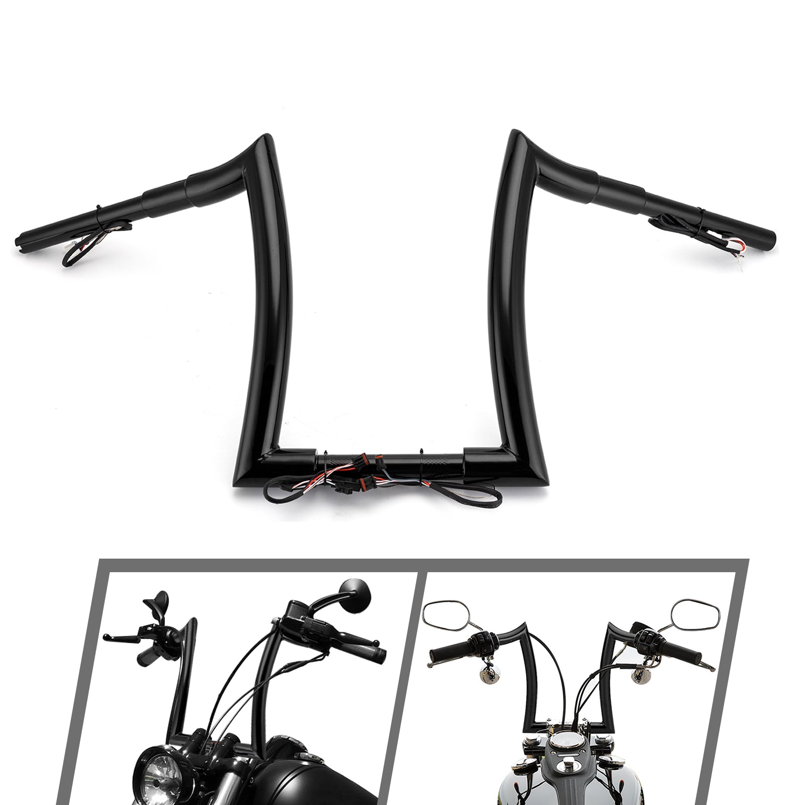 Gloss Black 12" Rise Pre-Wired Plug & Play Horn Style Ape Bar Handlebar for 2011-2024 Harley Softails & 2015-Later Harley Touring Road King