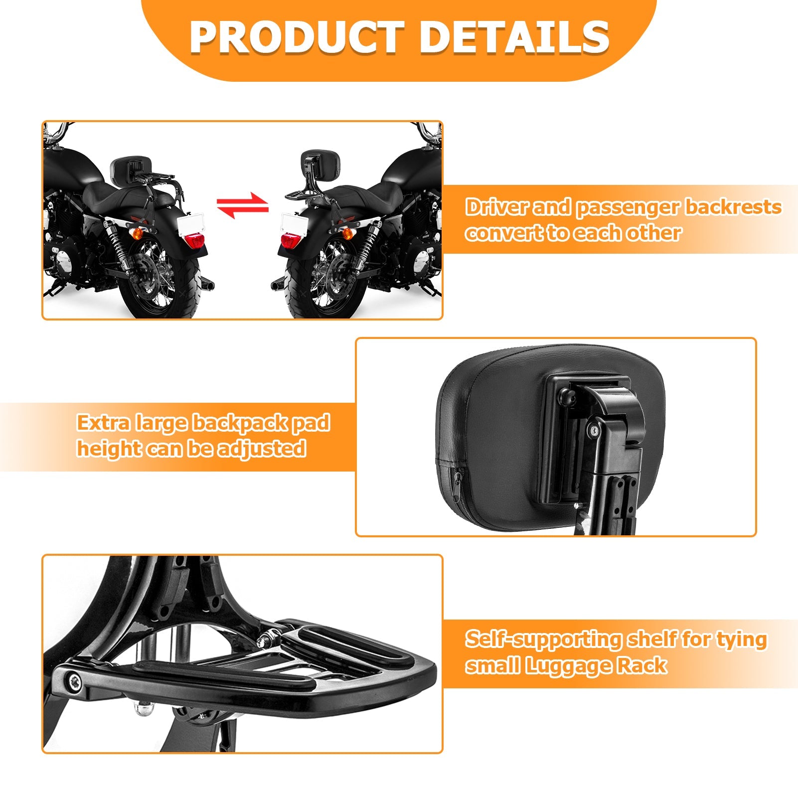 2004 - 2022 Harley Sportster XL 883 1200 Gloss Black Foldable Multi - Purpose Adjustable Backrest Sissy Bar - Mofun - 90302169