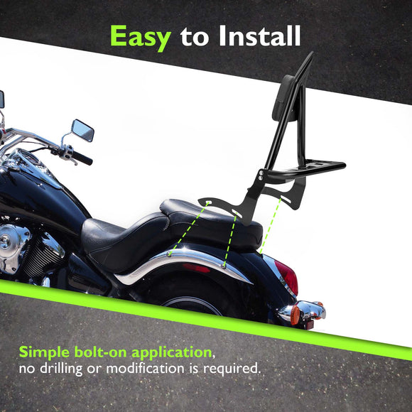 2006 - 2025 Kawasaki Vulcan 900 Gloss Black 27.6" Height Sharp Angle Passenger Backrest Sissy Bar with Luggage Rack - Mofun - 90302185