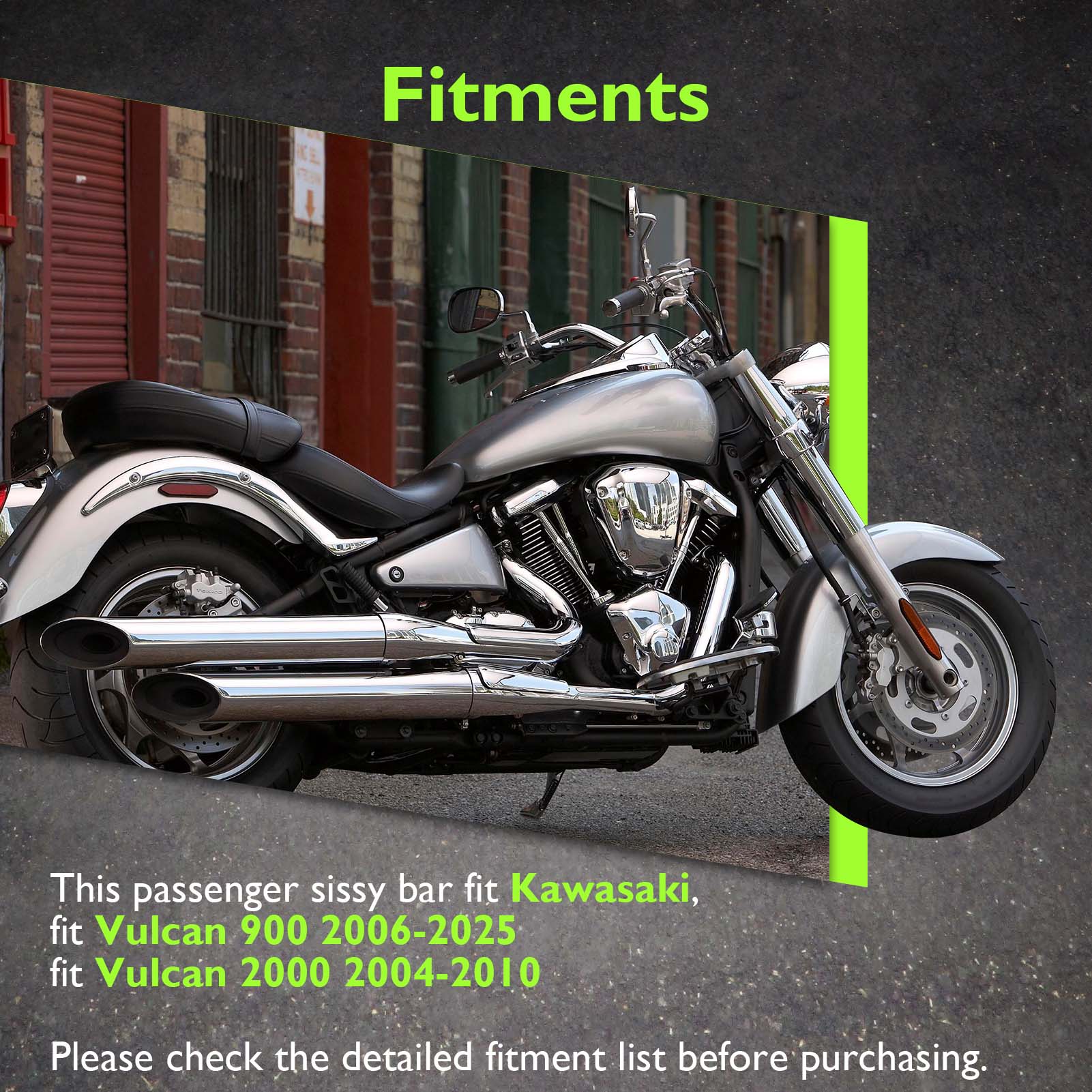 2006 - 2025 Kawasaki Vulcan 900 Gloss Black 27.6" Height Sharp Angle Passenger Backrest Sissy Bar with Luggage Rack - Mofun - 90302185