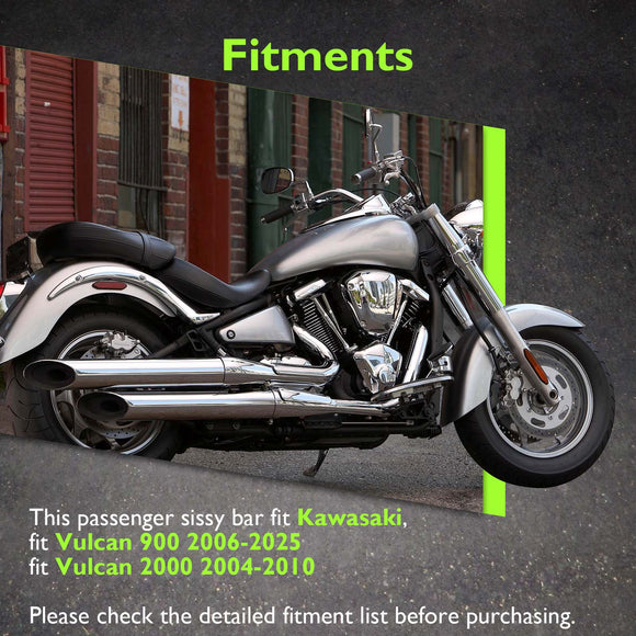 2006 - 2025 Kawasaki Vulcan 900 Gloss Black 27.6" Height Sharp Angle Passenger Backrest Sissy Bar with Luggage Rack - Mofun - 90302185