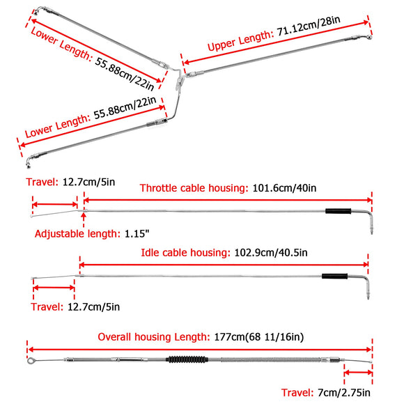 2008 - 2017 Harley Dyna Fat Bob / Low Rider Non - ABS Models Extended Length Throttle and Idle Cable, Clutch Cable with Hydraulic Front Non - ABS Brake Line Kit (for 12" - 14" Handlebar Non - ABS) - Mofun - 90109234