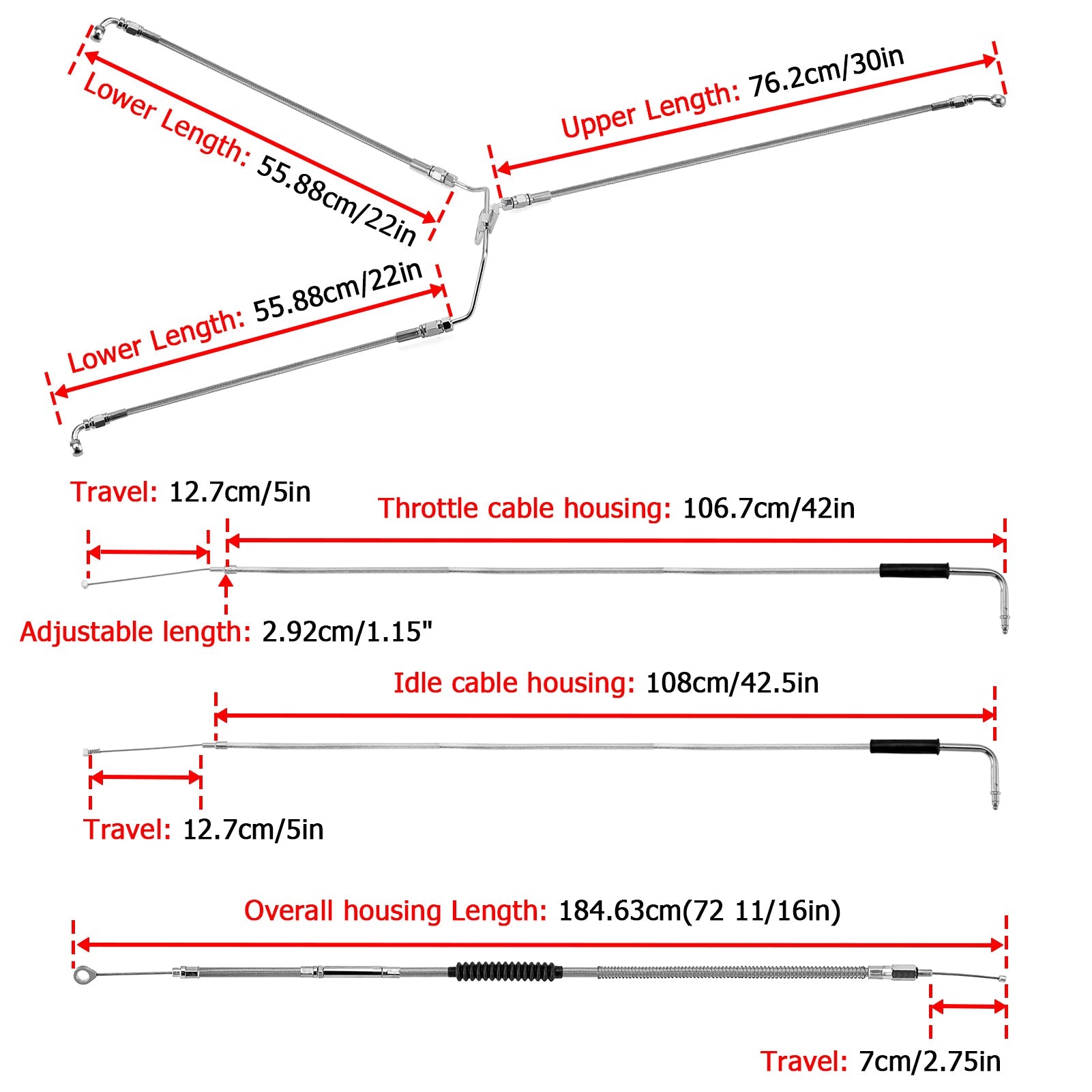 2008 - 2017 Harley Dyna Fat Bob / Low Rider Non - ABS Models Extended Length Throttle and Idle Cable,Clutch Cable with Hydraulic Front Non - ABS Brake Line Kit (for 16