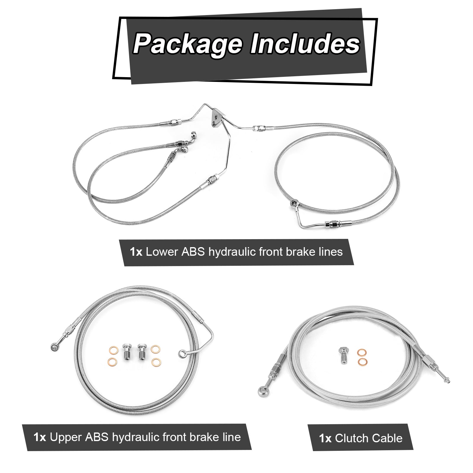 2009 - 2012 Harley Touring CVO/Ultra w/ABS Models Extended Length Clutch Line, Upper and Lower Hydraulic Front ABS Brake Line Kit (for 12" - 14" Handlebar ABS) - Mofun - 90109026