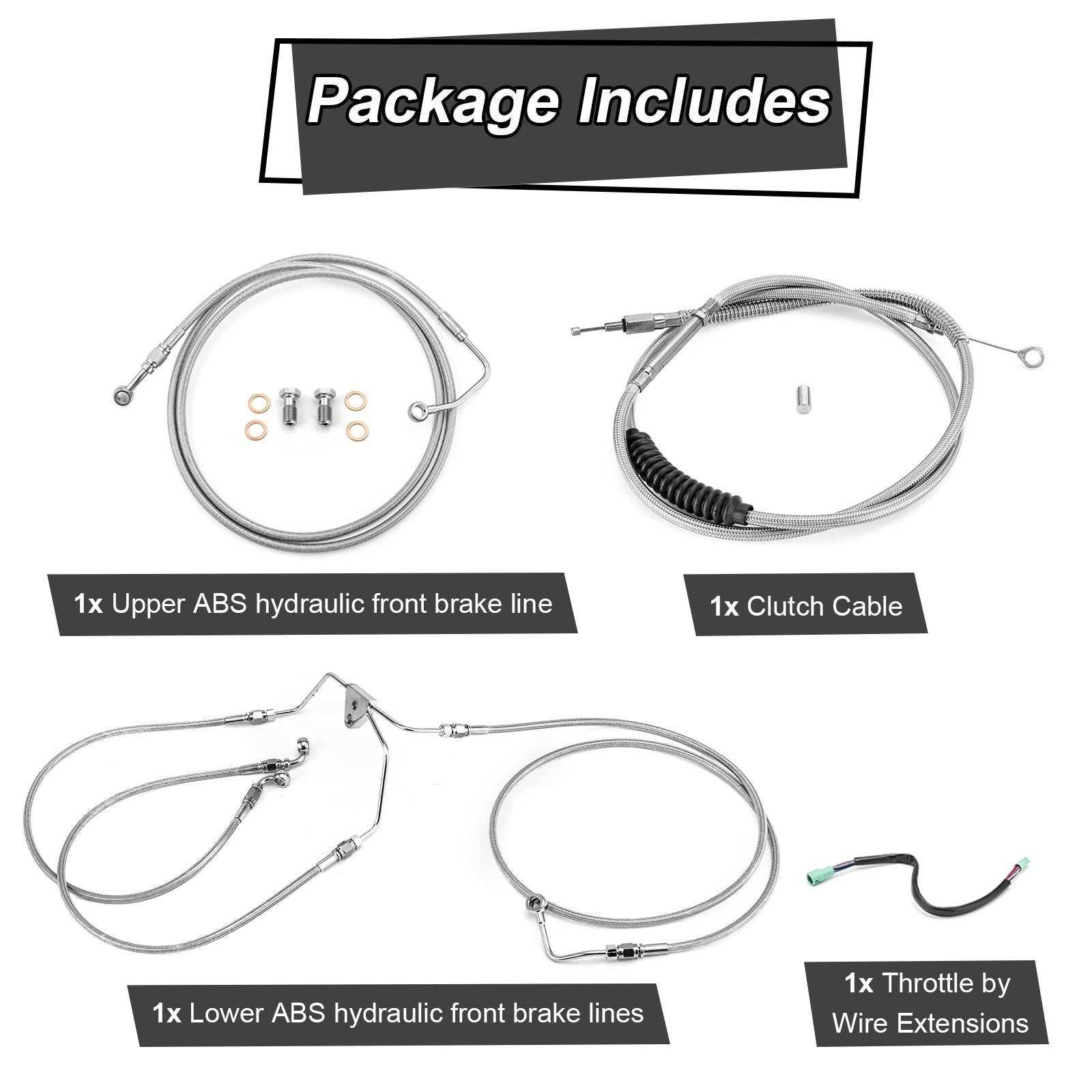2009 - 2013 Harley Touring ABS Models Throttle by Wire Extension, Extended Length Clutch Cable, Upper and Lower Hydraulic ABS Front Brake Line (for 16" - 18" Handlebar ABS) - Mofun - 90109024