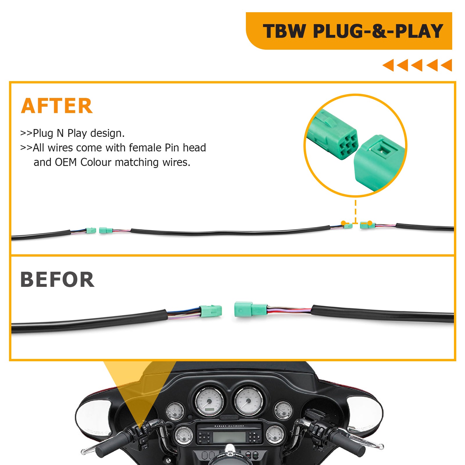 2009 - 2013 Harley Touring ABS Models Throttle by Wire Extension, Extended Length Clutch Cable, Upper and Lower Hydraulic ABS Front Brake Line (for 16" - 18" Handlebar ABS) - Mofun - 90109024