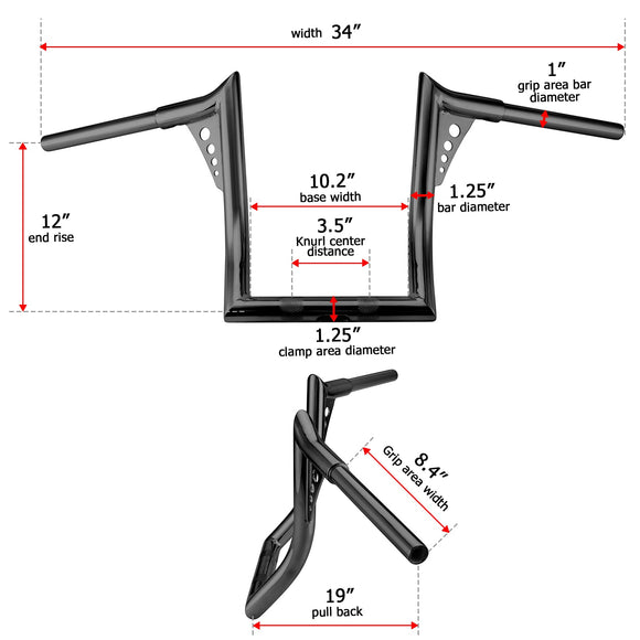 2011 - 2025 Kawasaki Vulcan 1700 Vaquero Voyager Gloss Black 12" Ape Hanger Handlebar - Mofun - 90101392