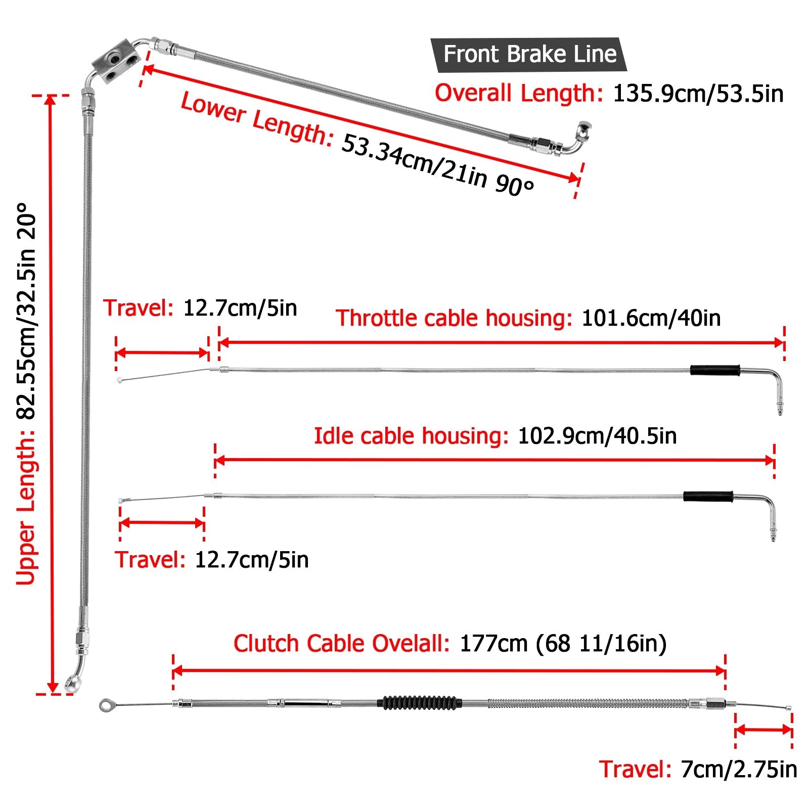 2012 - 2017 Harley Dyna w/ ABS Extended Length Upper ABS Upper Hydraulic Front Brake Line, Throttle and Idle Cable and Clutch Cable Kit (for 12