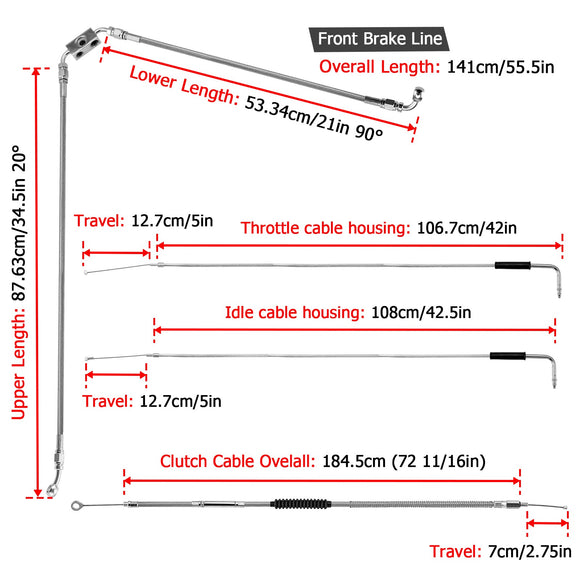 2012 - 2017 Harley Dyna w/ ABS Extended Length Upper ABS Upper Hydraulic Front Brake Line, Throttle and Idle Cable and Clutch Cable Kit (for 14" - 16" Handlebar w/ ABS) - Mofun - 90109052