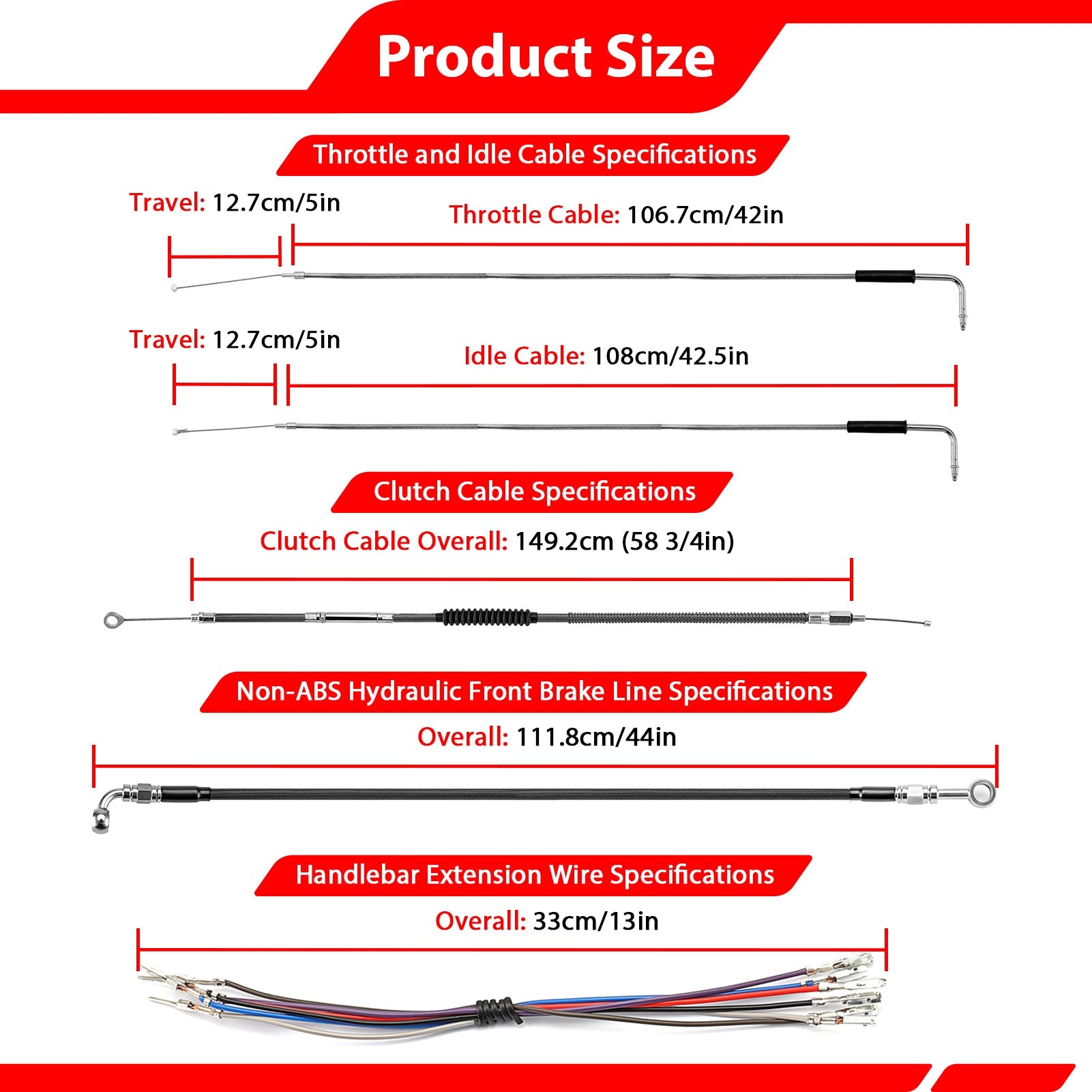 2014 - 2017 Harley Sportster Superlow XL883L 1200T Non - ABS Extended Length Throttle and Idle Cable, Non - ABS Hydraulic Front Brake Line and Clutch Cable Kit - Mofun - 90109275