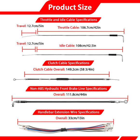 2014 - 2017 Harley Sportster Superlow XL883L 1200T Non - ABS Extended Length Throttle and Idle Cable, Non - ABS Hydraulic Front Brake Line and Clutch Cable Kit - Mofun - 90109275