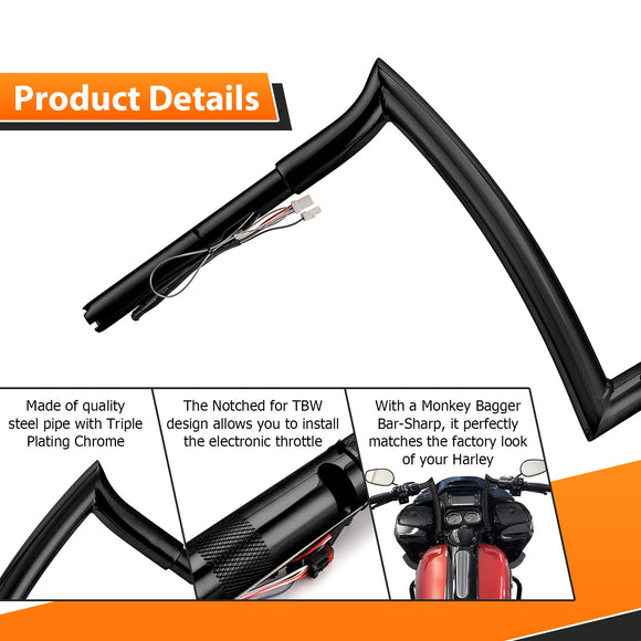 2015 - 2023 Harley Touring Road Glide Gloss Black 12" Pre - Wired Handlebar Bagger - sharp Bar - Mofun - 90101602