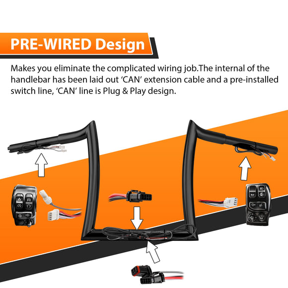 2015 - 2023 Harley Touring Road Glide Gloss Black 12" Pre - Wired Handlebar Bagger - sharp Bar - Mofun - 90101602