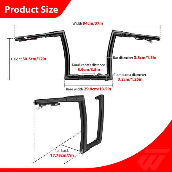 2015 - 2023 Harley Touring Road Glides Gloss Black 12" Pre - wired Monkey Bagger Bar Handlebar - Mofun - 90101612