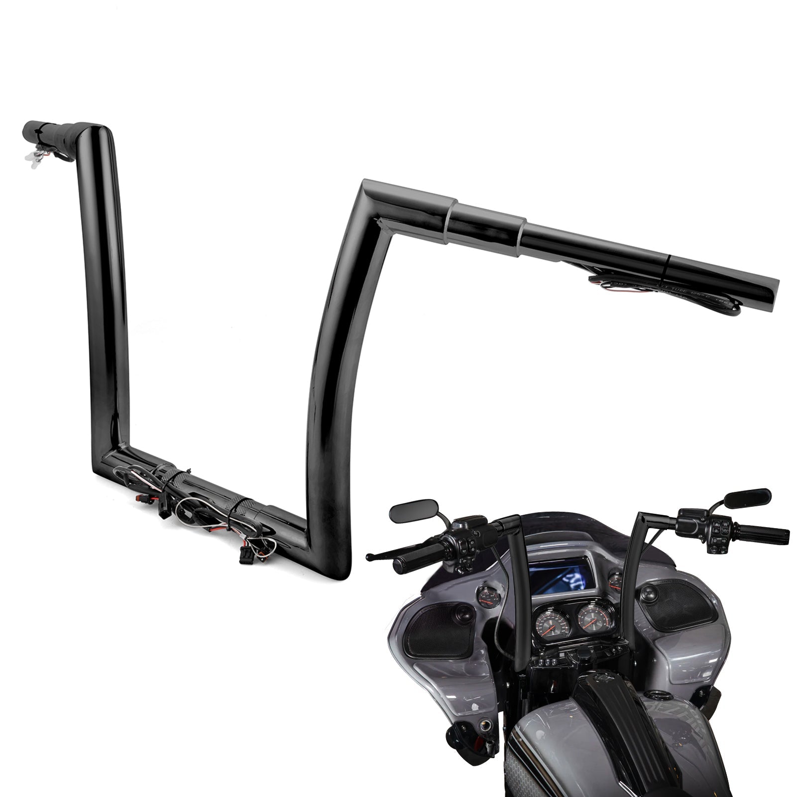 2015 - 2023 Harley Touring Road Glides Gloss Black 12" Pre - wired Monkey Bagger Bar Handlebar - Mofun - 90101612