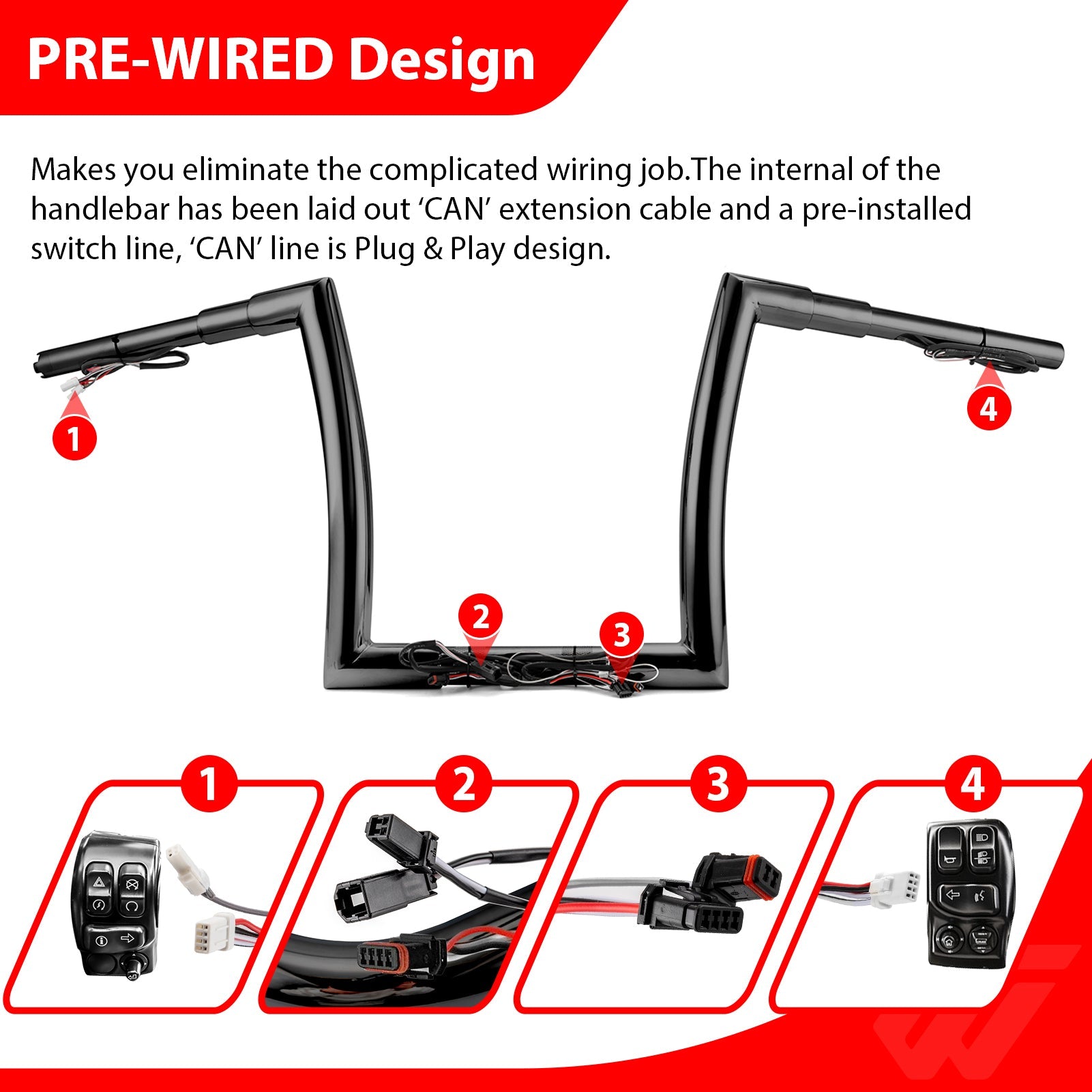 2015 - 2023 Harley Touring Road Glides Gloss Black 12" Pre - wired Monkey Bagger Bar Handlebar - Mofun - 90101612