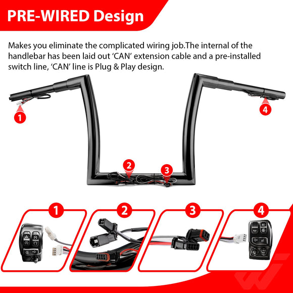 2015 - 2023 Harley Touring Road Glides Gloss Black 12" Pre - wired Monkey Bagger Bar Handlebar - Mofun - 90101612