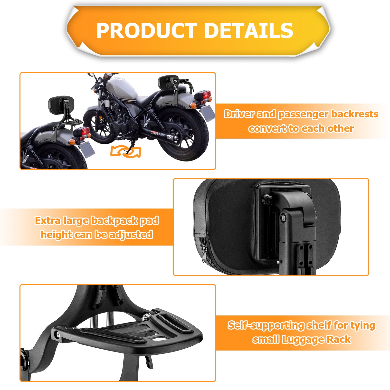 2017 - 2025 Honda Rebel 300 500 Matte Black Multi - function Foldable Adjustable Backrest - Mofun - 90302167