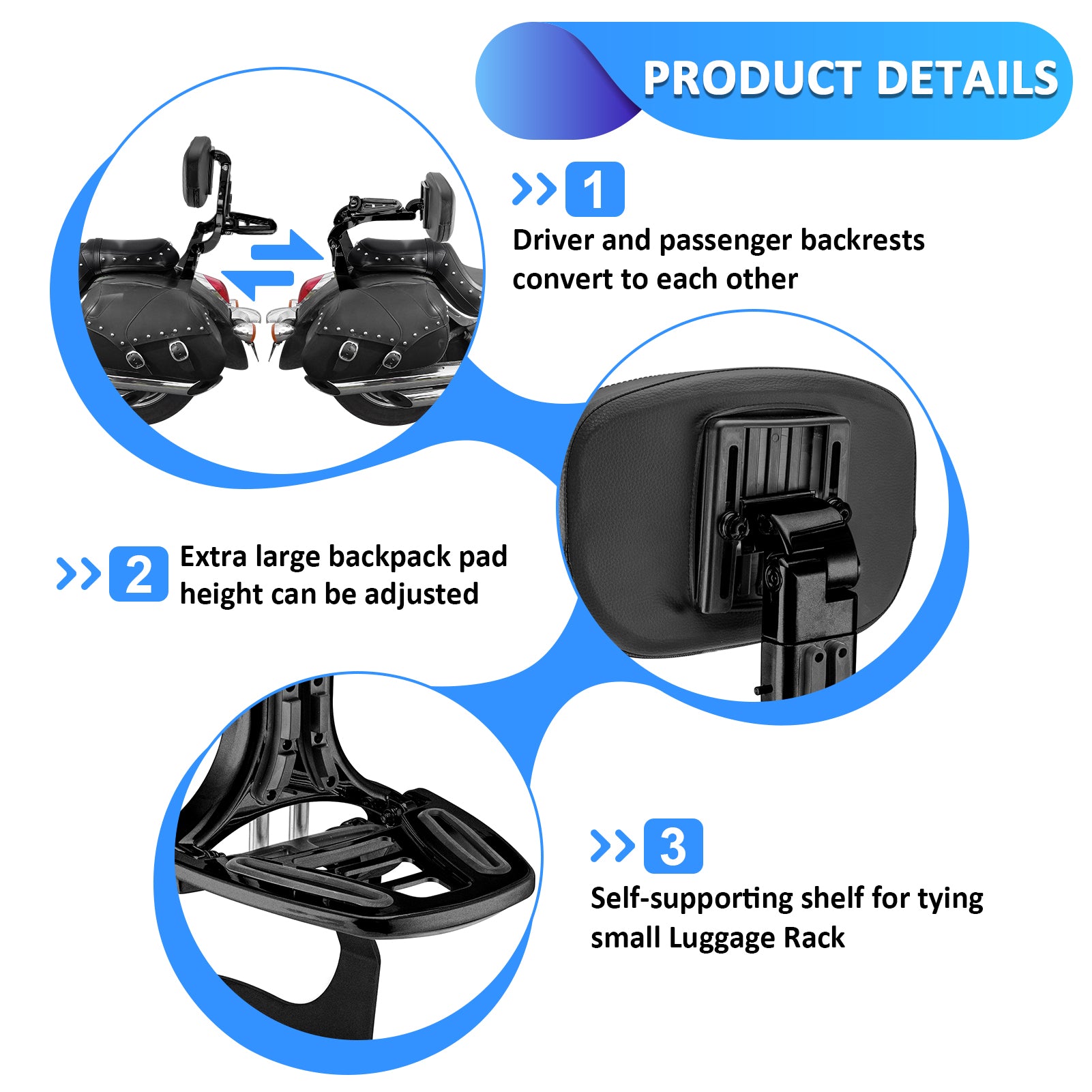 2006 - 2025 Kawasaki Vulcan 900 Matte Black Multi - Function Adjustable Foldable Backrest - Mofun - 90302166