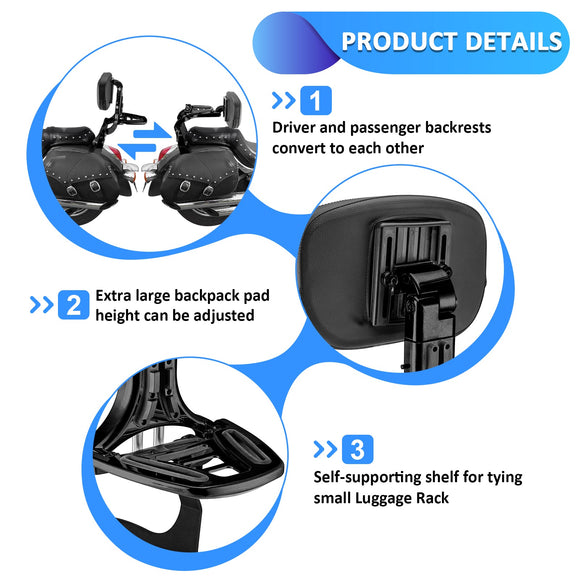 2006 - 2025 Kawasaki Vulcan 900 Matte Black Multi - Function Adjustable Foldable Backrest - Mofun - 90302166