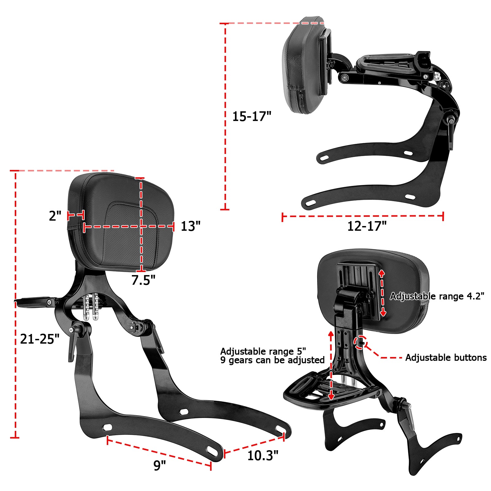 2006 - 2025 Kawasaki Vulcan 900 Matte Black Multi - Function Adjustable Foldable Backrest - Mofun - 90302166