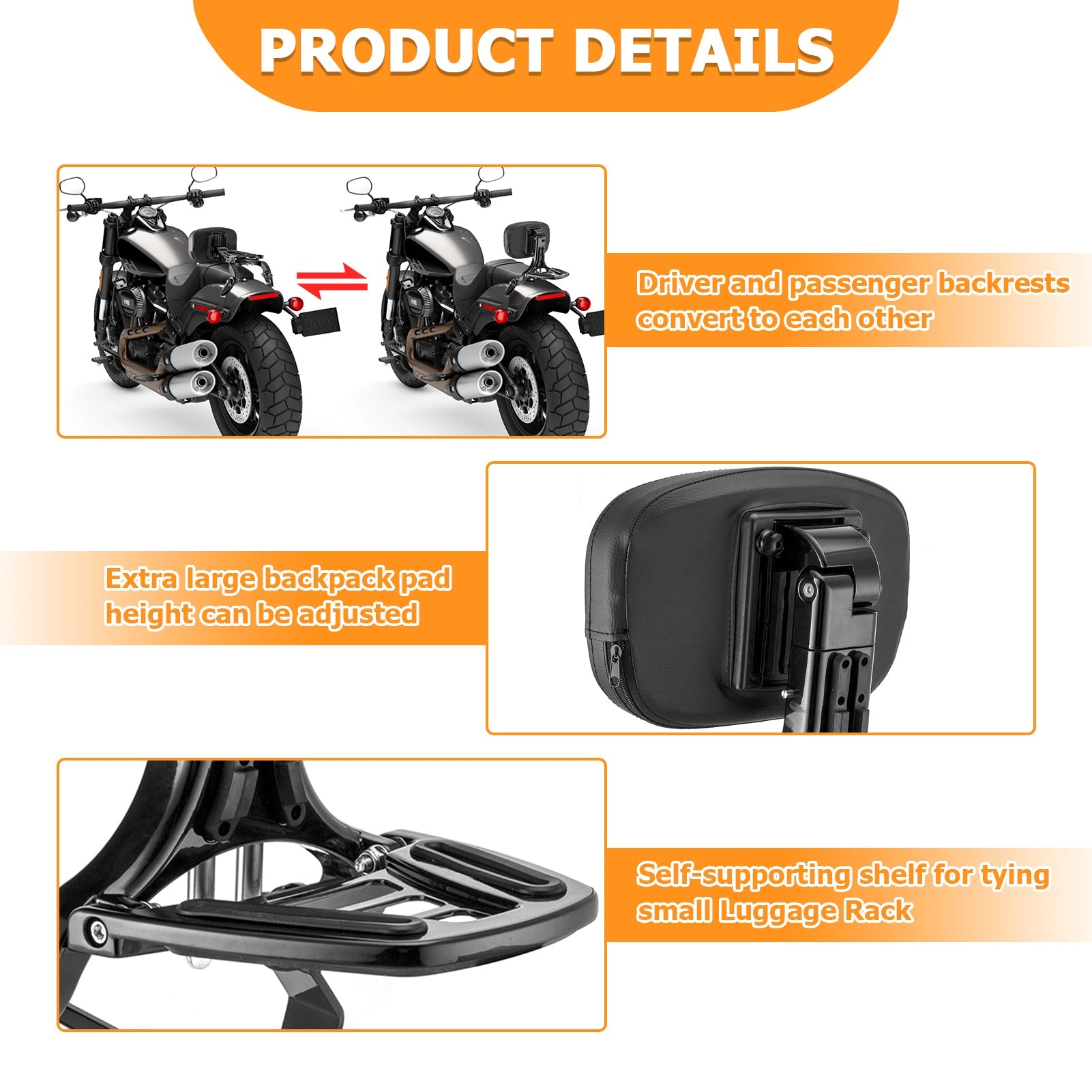 2018 - 2024 Harley Softail Fat Bob FXFB FXFBS Gloss Black Adjustable Foldable Passenger Driver Backrest - Mofun - 90302155