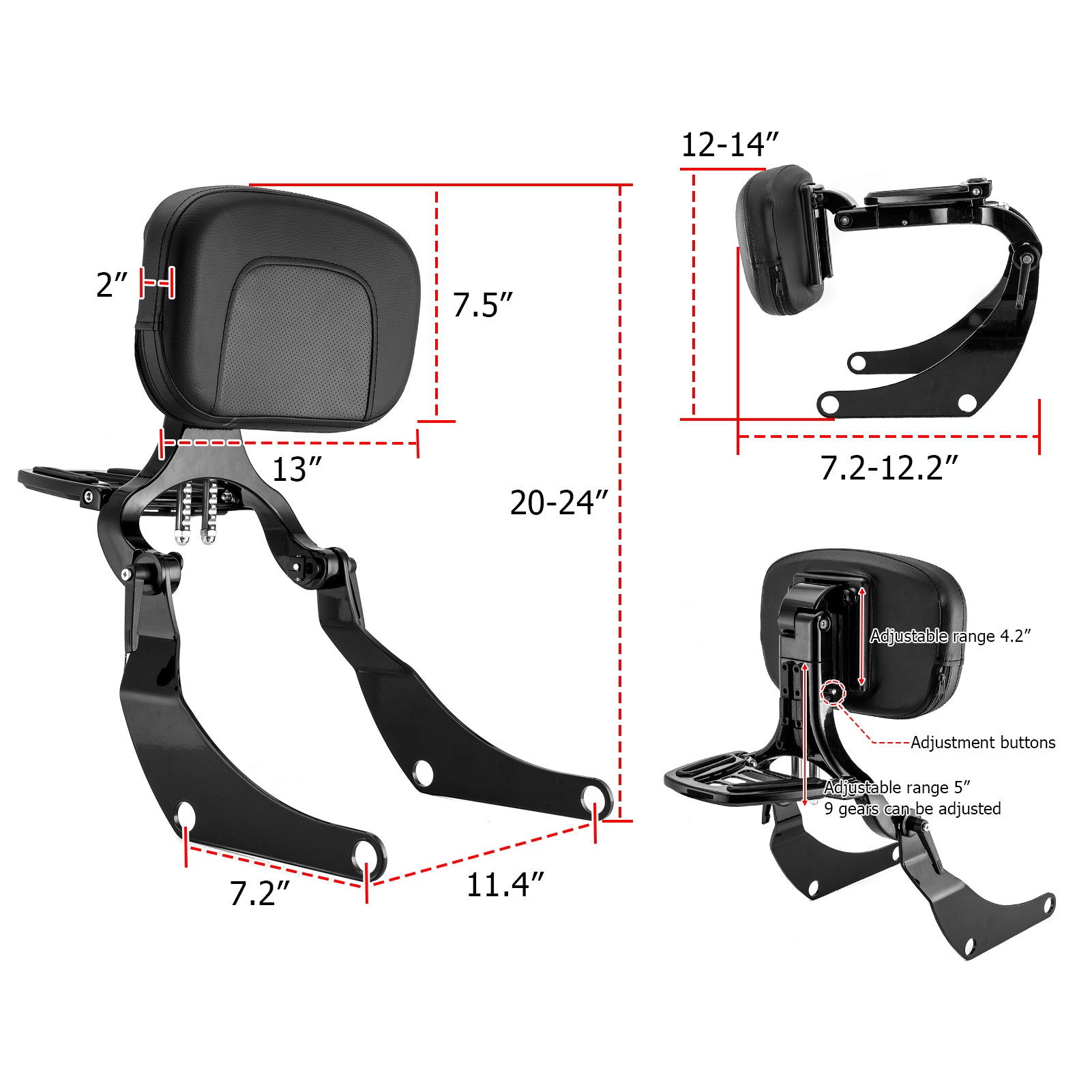 2018 - 2024 Harley Softail Low Rider FXLR FXLRS Gloss Black Foldable Adjustable Passenger Driver Backrest - Mofun - 90302156