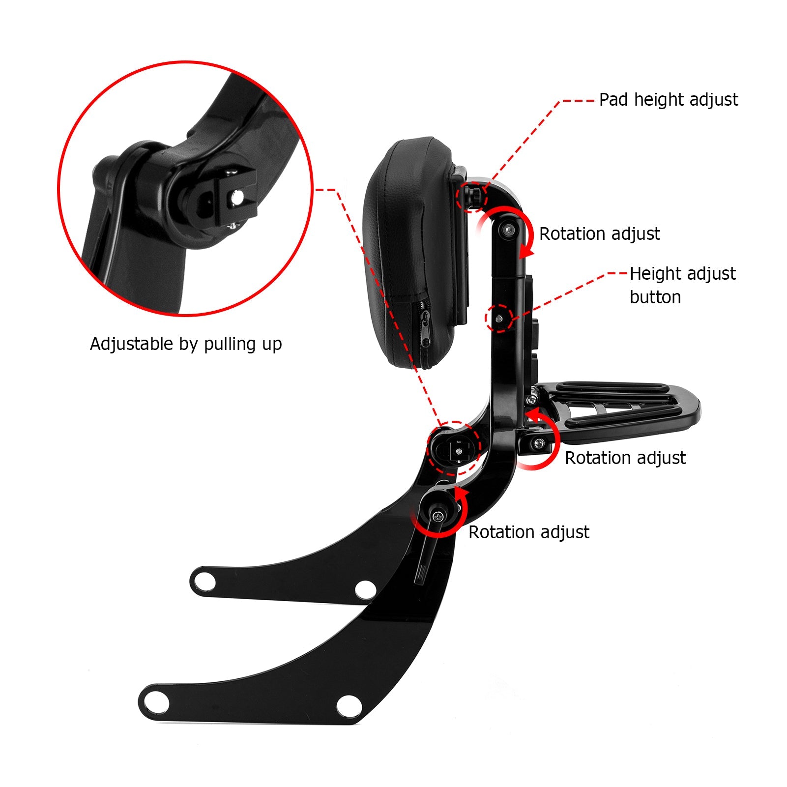 2018 - 2024 Harley Softail Low Rider FXLR FXLRS Gloss Black Foldable Adjustable Passenger Driver Backrest - Mofun - 90302156