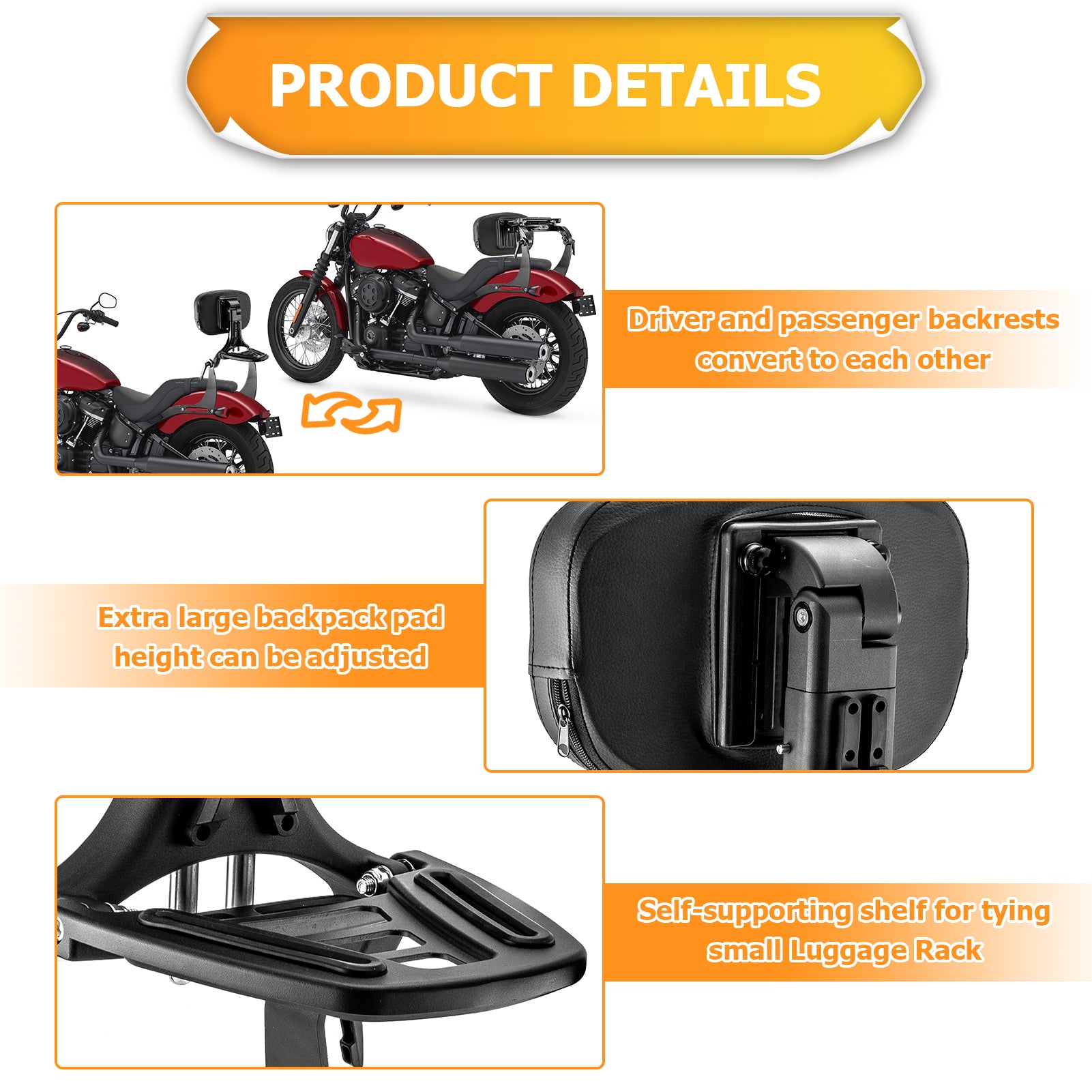 2018 - 2024 Harley Softail Street Bob FXBB Deluxe FLDE Steel & Aluminum Multi - Purpose Adjustable Backrest - Mofun - 90302153