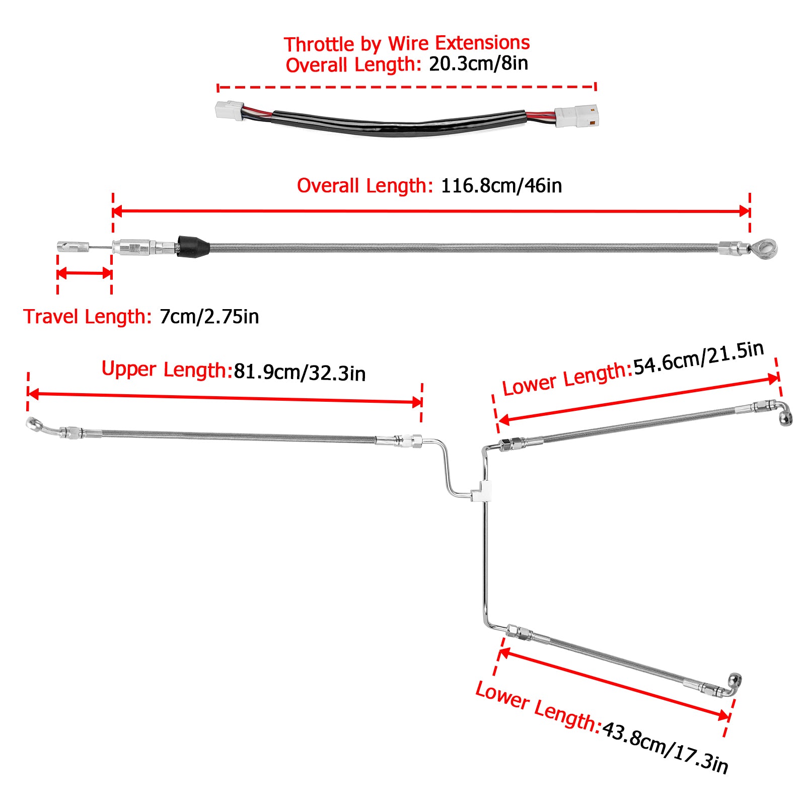 2021 - 2023 Harley Touring Milwaukee - Eight Non - ABS Models Throttle by Wire Extension, Extended Length Clutch Cable and Hydraulic Front Non - ABS Brake Line (for 12