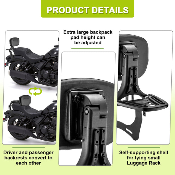 2021 - 2025 Honda Rebel 1100 CMX 1100 Matte Black Multi - Function Foldable Passenger Driver Backrest - Mofun - 90302168